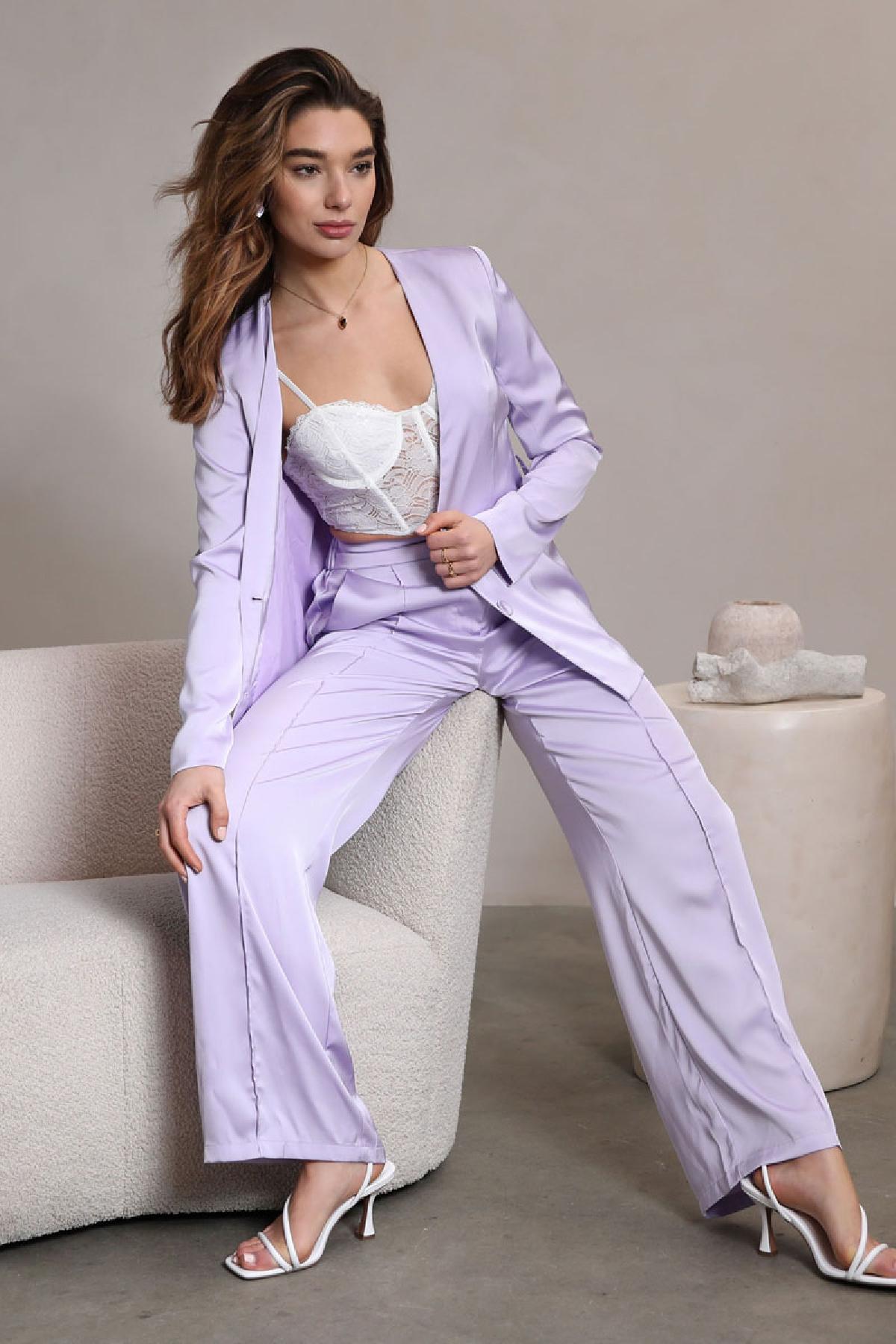 Blazer shiny fabric with ribbon Purple M h5 Picture4
